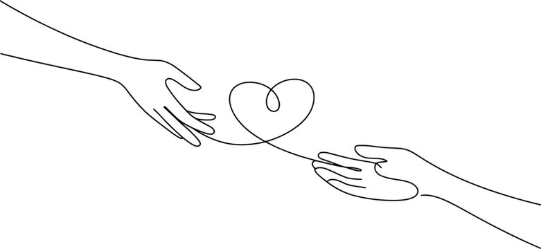 A continuous line drawing shows two hands reaching out to form a heart symbol