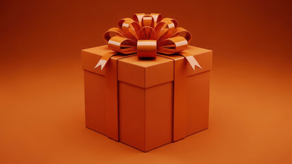 A simple orange gift box with a ribbon and bow on a monochromatic background