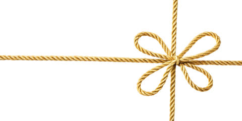 Golden rope string with knotted bow in corner against white or transparent background.