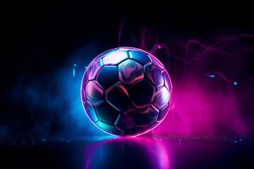 Soccer ball glowing with neon lights reflecting on a dark surface, creating a vibrant and futuristic atmosphere