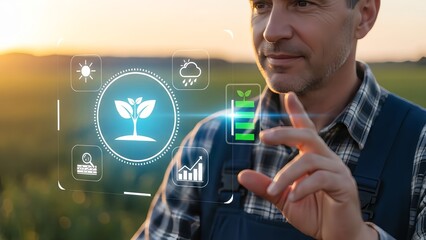 Man interacting with smart farming technology interface in field