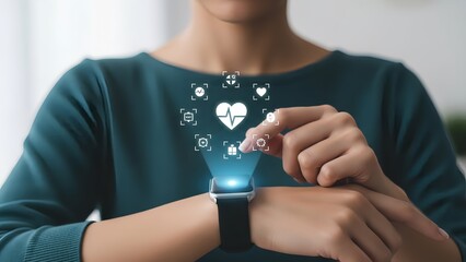 Woman interacting with smartwatch health monitoring interface