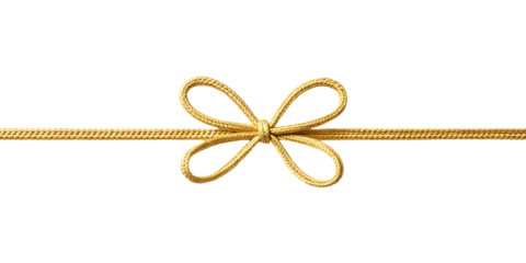 Golden rope string with knotted bow in corner against white or transparent background.