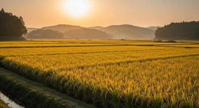 Golden rice paddy field at sunset - Powered by Adobe