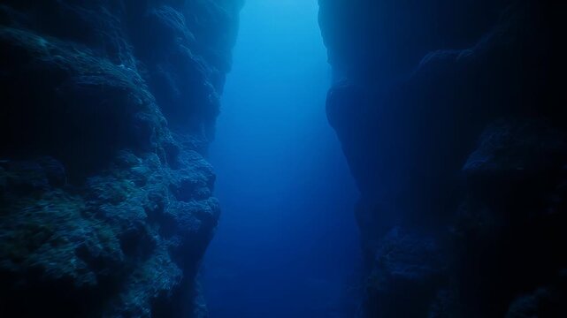 Enchanting underwater canyon bathed in deep blue, where sunlight filters through a narrow crevice, revealing the profound mystery and ancient beauty of the ocean's hidden depths
