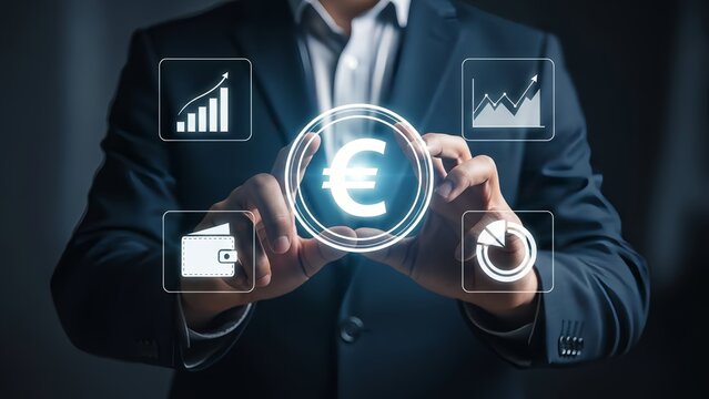 Businessman interacting with finance icons on digital interface - Powered by Adobe