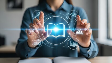 Woman engaging with digital education icons on glowing book interface