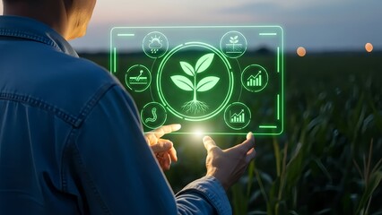 Man using futuristic technology in green field for sustainable agriculture solutions