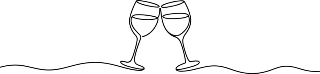 A graceful continuous line drawing features two champagne flutes clinking together in a festive toast