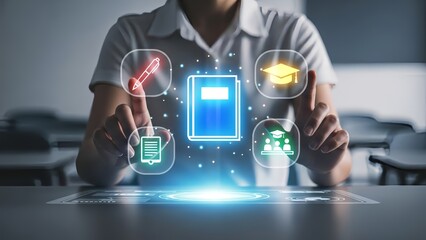 Man interacting with digital education icons on futuristic interface