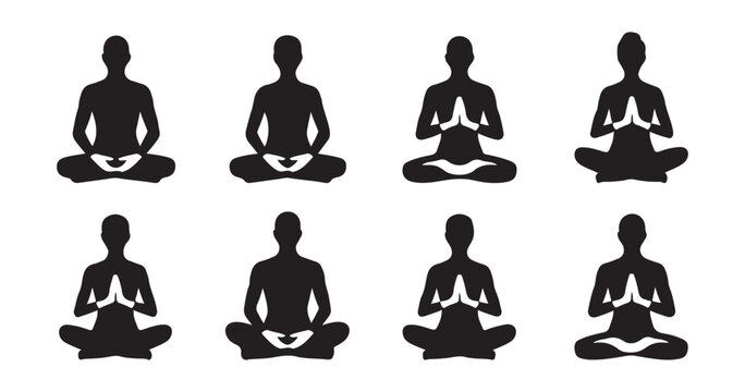 Collection of meditation silhouettes with hands in prayer pose and mudras for spiritual practice.