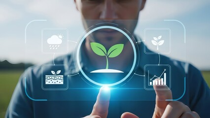 Man interacting with digital plant growth interface in field