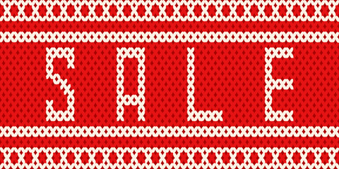 Sale vector banner. Folk Knitted Sweater texture background with Sale Knitting text. Perfect Folk ethnic texture business banner placard template design. EPS 10