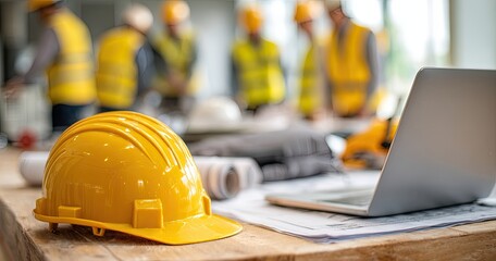 A yellow construction helmet, laptop, and blueprints sit on a wooden table with a blurred group