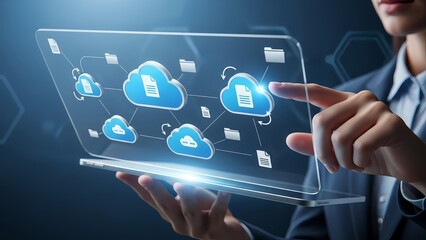 Businesswoman interacting with futuristic cloud computing interface