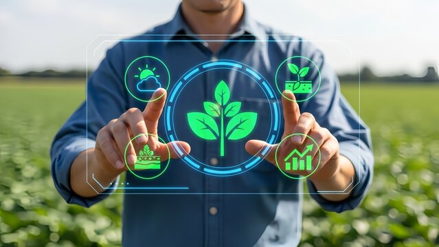 Man interacting with futuristic agriculture technology in green field - Powered by Adobe