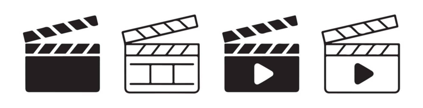 Clapperboard set film production sign vector icon. Video clapperboard play button symbol illustration