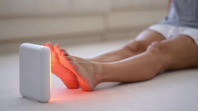 Red light therapy device on bare feet, led panel for foot treatment, low level light therapy for pain relief, near infrared photobiomodulation for circulation, home wellness routine, muscle recovery
