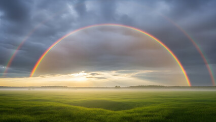 rainbow landscape after storm green field rainbow sky nature scenery after rain peaceful countryside rainbow view dramatic weather landscape photography