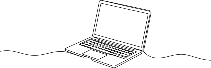 A modern laptop computer is drawn with a single continuous thin black line on a white background