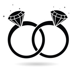 Doubles wedding diamond ring set. Engagement ring isolated icon. Engagement gift with jewellery design black vector silhouette. Simple element vector illustration.