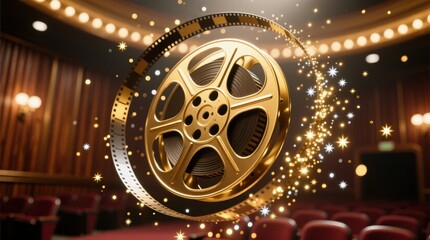 Golden film reel floating in empty movie theater auditorium with red seats
