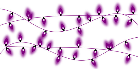 Two wavy strings of glowing purple fairy lights on a clean white background, creating a festive and...