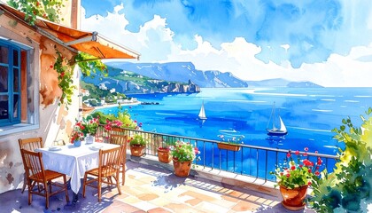 hand drawn watercolor painting of Mediterranean view restaurant. Landmark painting 