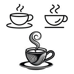 &ldquo;Coffee Cup Line Icons Set &ndash; Steaming Hot Beverage Mug Black and White Vector Illustration Isolated on White Background&rdquo;