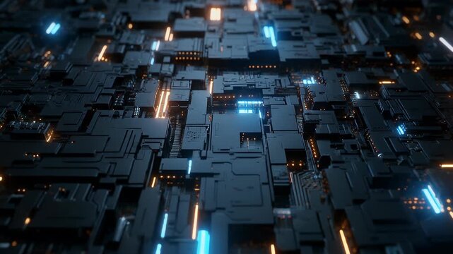 A detailed digital rendering of an abstract, dark, interconnected technological surface, with glowing blue and gold lights. The texture is complex and grid-like