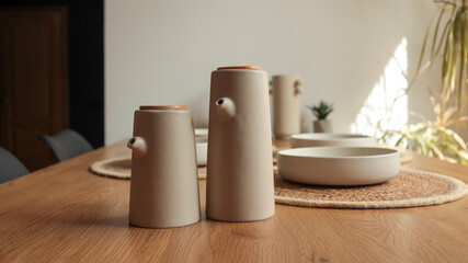Minimalist ceramic teapots and bowls arranged on a wooden dining table
