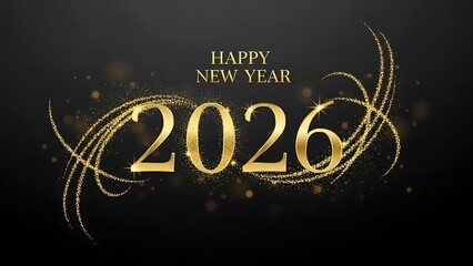 Happy New Year 2026 gold text with sparkles on black background