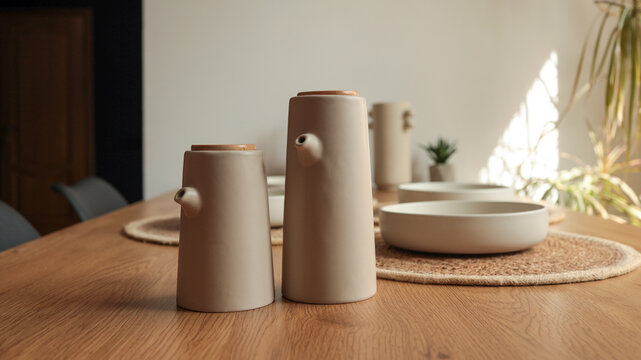 Minimalist ceramic teapots and bowls arranged on a wooden dining table