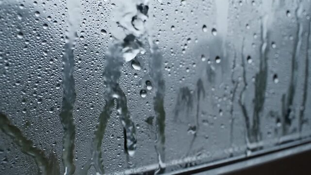 Atmospheric water vapor and rain droplet condensation forming misty dew on glass surface, moody indoor and outdoor scene evoking humidity, stormy weather, and reflective natural ambience