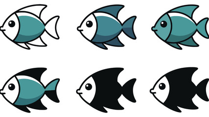 Obraz premium Three pairs of cartoon fish in varying shades of blue and black.