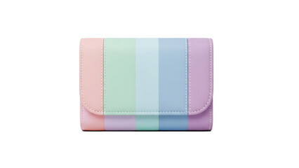 A pastel rainbow-colored wallet sits on a white background.