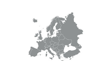 A gray map of Europe with country borders is shown on a white background.