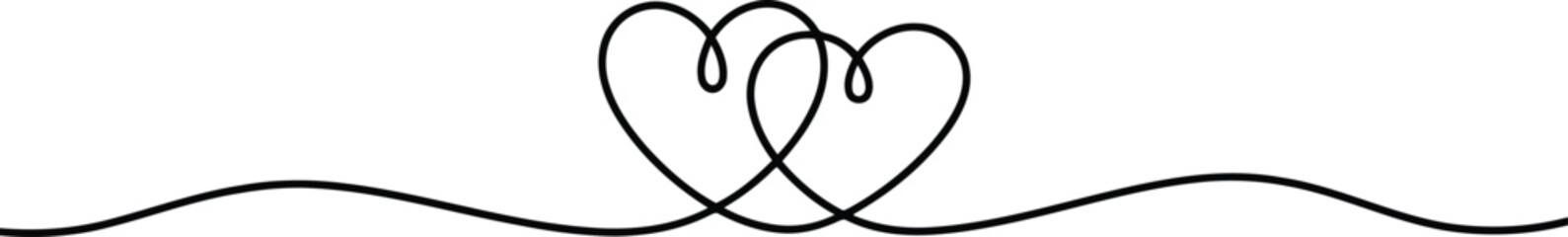 A minimalist continuous line drawing elegantly illustrates two intertwined hearts on a clean white background