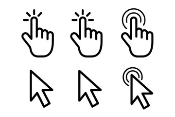 Digital cursors and hand icons represent clicking and selection actions on a screen.