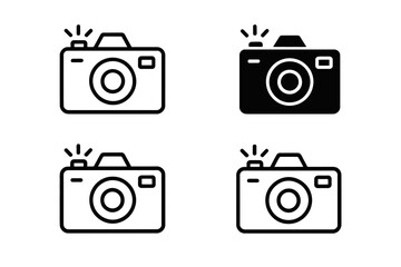 Four stylized icons of a camera with a flash, in black and white.