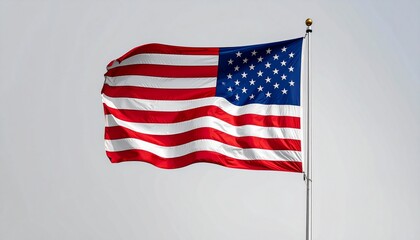 American flag with red and white stripes and blue field of stars flying against a cloudy sky.