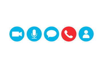 Video call icons including camera, microphone, chat, phone, and user displayed horizontally.