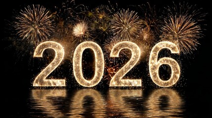 Sparkling golden "2026" text against dark background, evoking celebration and new beginnings.