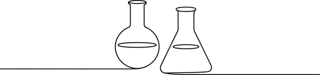 Continuous line drawing features two laboratory flasks used for scientific experiments and chemical research