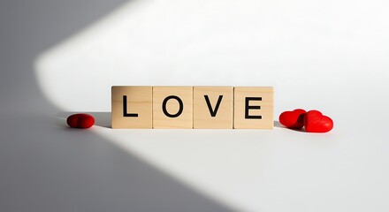 Wooden blocks spelling love with red heart decorations in soft lighting