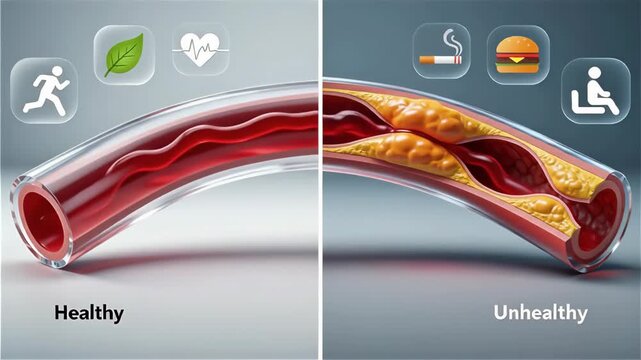 Illustration comparing healthy and unhealthy arteries with cholesterol buildup.