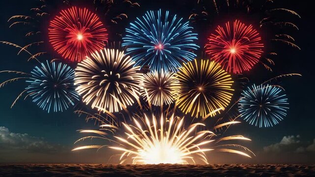 vibrant gold firework celebration on dark blue sky