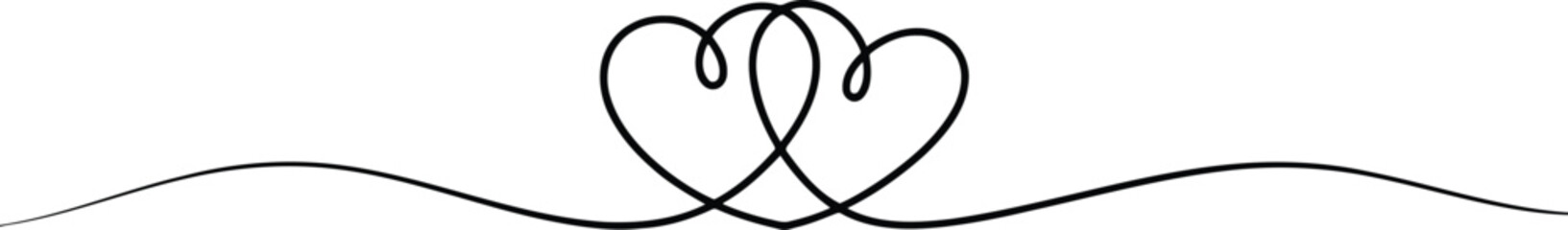 Elegant continuous line drawing shows two intertwined hearts symbolizing love, passion, and strong connection