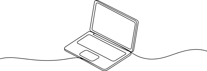 Single continuous line art drawing of an open modern laptop computer with a blank screen