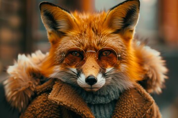 Obraz premium Red fox with round sunglasses and brown coat looking cool and stylish